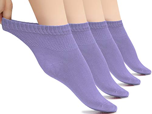 Hugh Ugoli Women's Loose Diabetic Ankle Socks, Bamboo, Wide, Thin, Seamless Toe and Non-Binding Top, 4 Pairs, Aster Purple, Shoe Size: 6-9