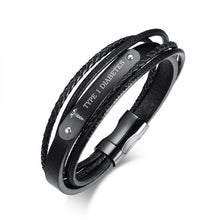 Load image into Gallery viewer, Black Genuine Leather Bracelet  Medical DIABETES 8.3&quot;
